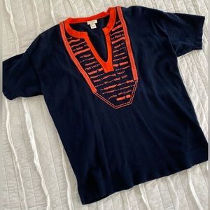 J Crew Embroidered Navy and Orange Top